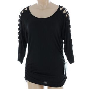 BCX Solid Black Rayon Sleeve-Cutout Shirt Top NWT